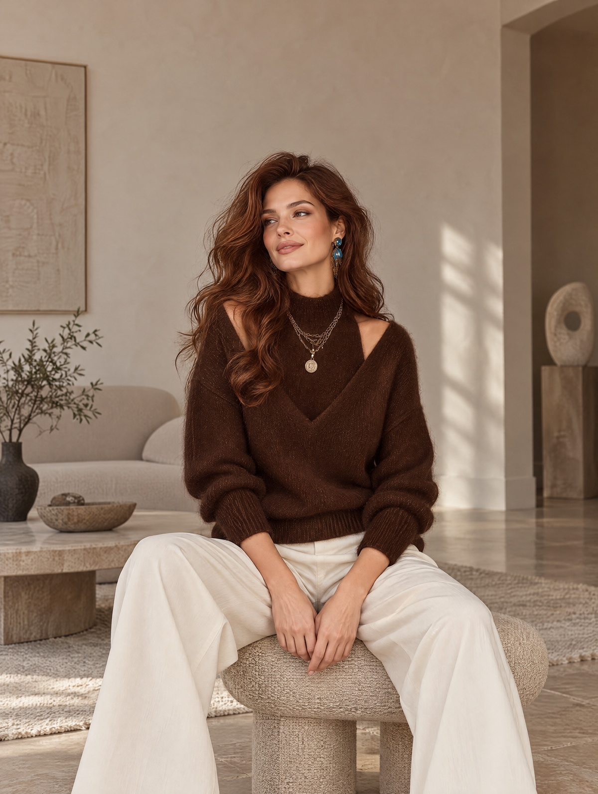 Elegant Dark Chocolate Brown Cutout Shoulder V-Neck Knit Sweater
