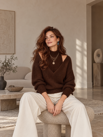 Elegant Dark Chocolate Brown Cutout Shoulder V-Neck Knit Sweater