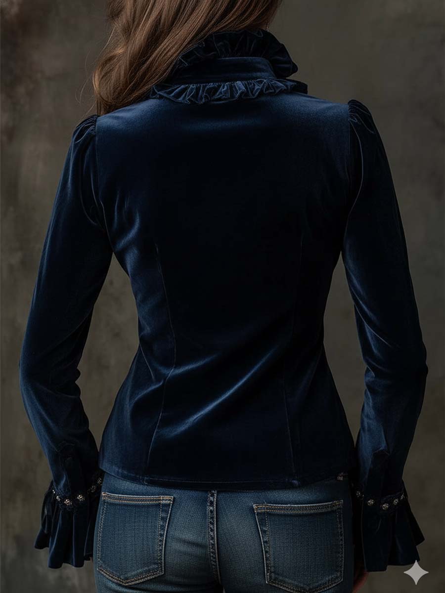 Midnight Blue Ruffled Velvet Shirt With Crystal Buttons