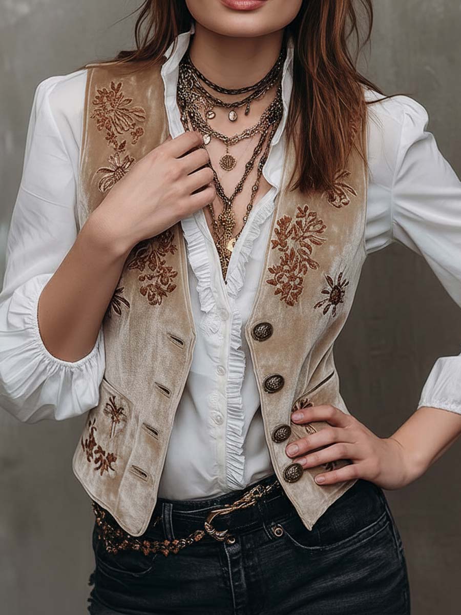 Beige Bohemian Vintage Chic Embroidered Velvet Vest