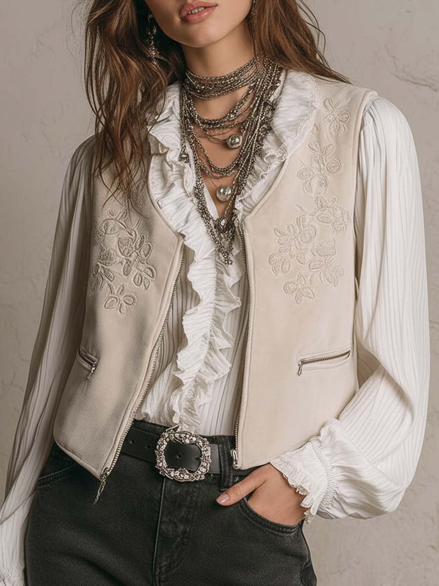 Ivory Quiet Luxury Bohemian Style Embroidered Suede Vest