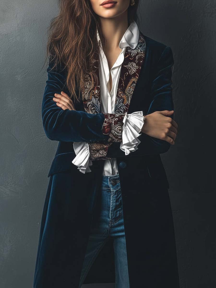 Velvet Blazer With Printed Lapel And Cuffs – Vintage Indigo Elegance