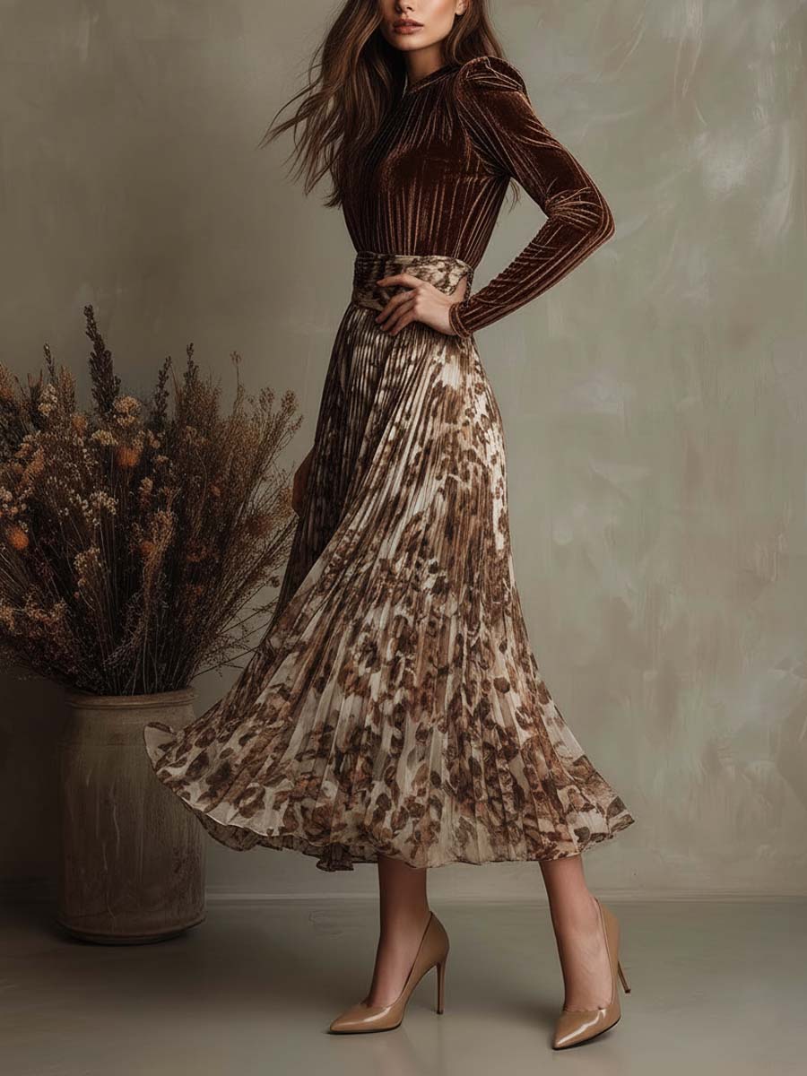 Velvet And Pleated Chiffon Patchwork Midi Dress With Earth-Tone Print