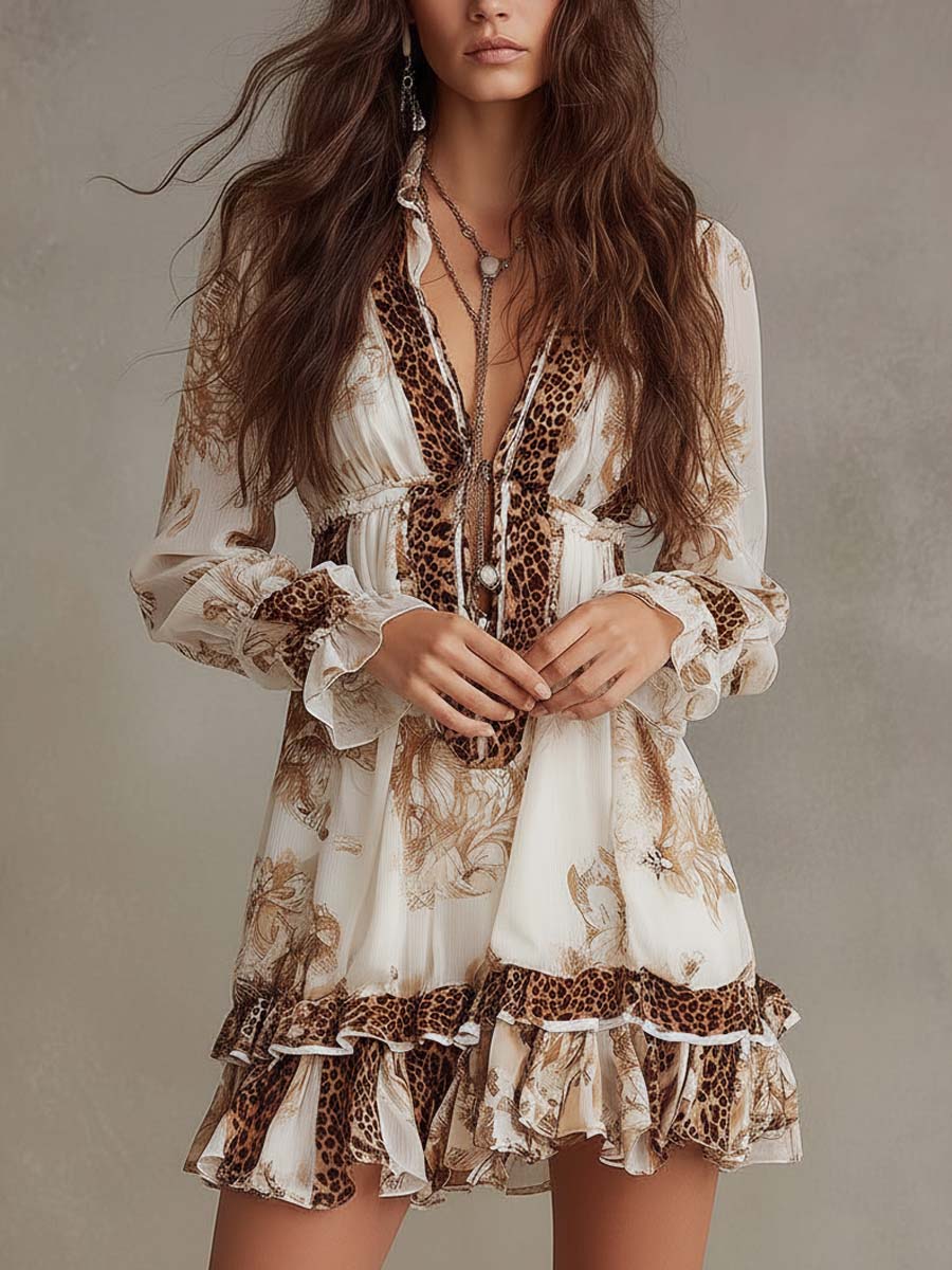 Bohemia Mixed-Print Ruffle Hem Mini Dress
