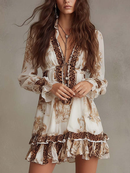 Bohemia Mixed-Print Ruffle Hem Mini Dress