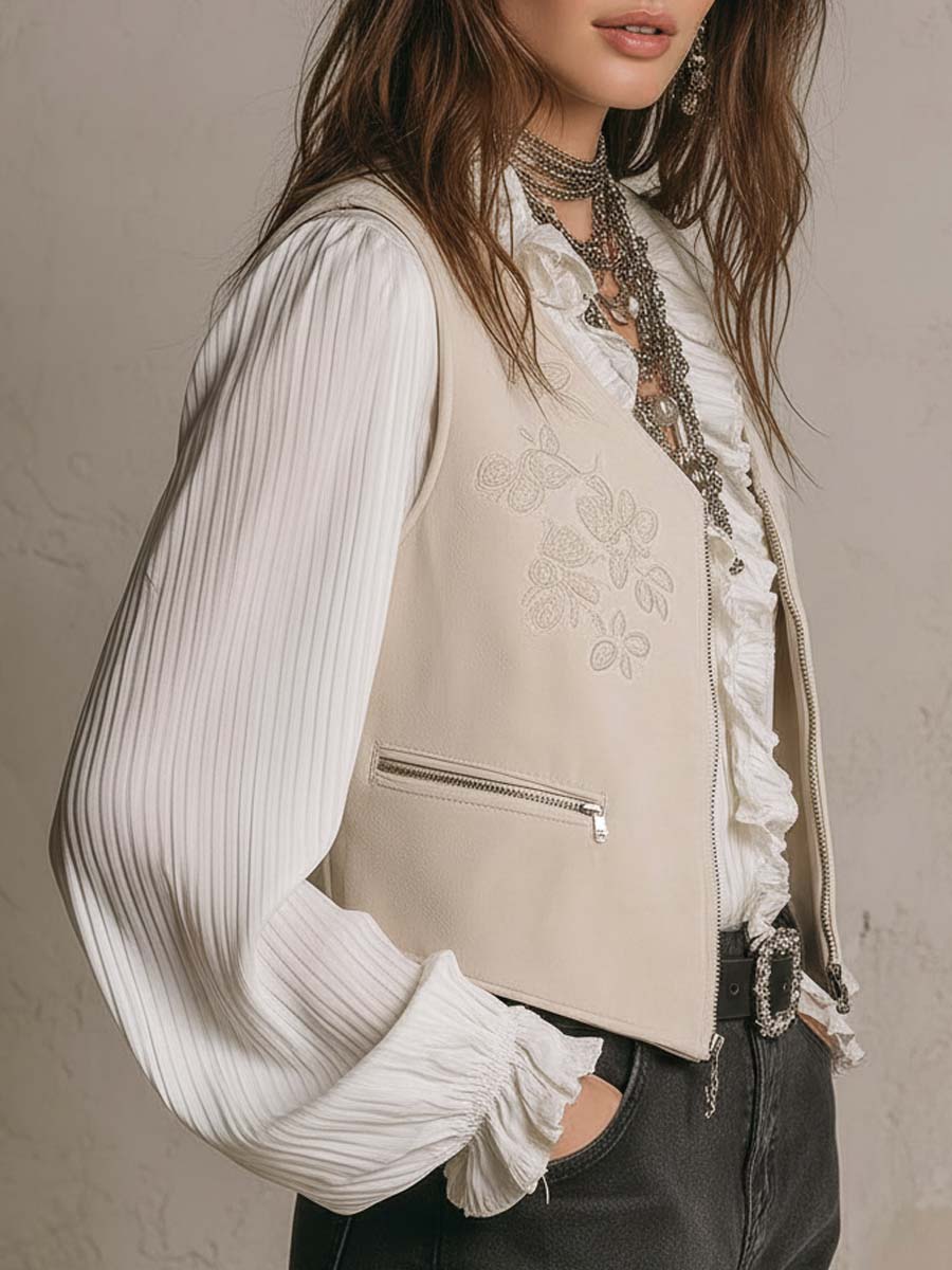 Ivory Quiet Luxury Bohemian Style Embroidered Suede Vest
