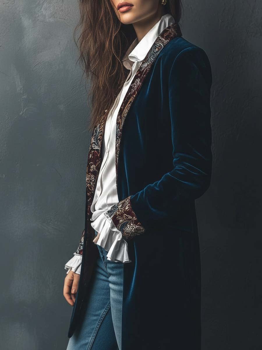 Velvet Blazer With Printed Lapel And Cuffs – Vintage Indigo Elegance