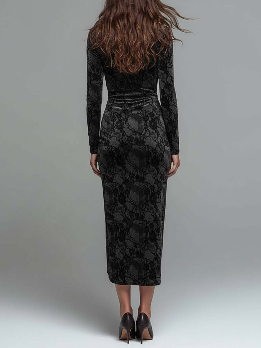 Velvet-Lace Bodycon Midi Dress With Side Buttons