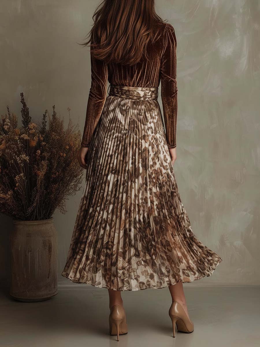 Velvet And Pleated Chiffon Patchwork Midi Dress With Earth-Tone Print