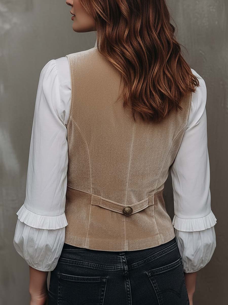 Beige Bohemian Vintage Chic Embroidered Velvet Vest