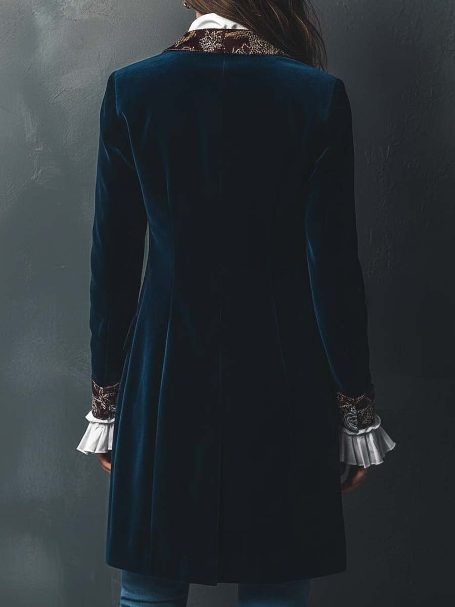 Velvet Blazer With Printed Lapel And Cuffs – Vintage Indigo Elegance