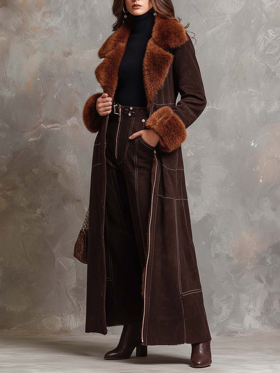 Chocolate Brown Faux Suede Long Coat With Fur Trim – Toscana Winter Luxury
