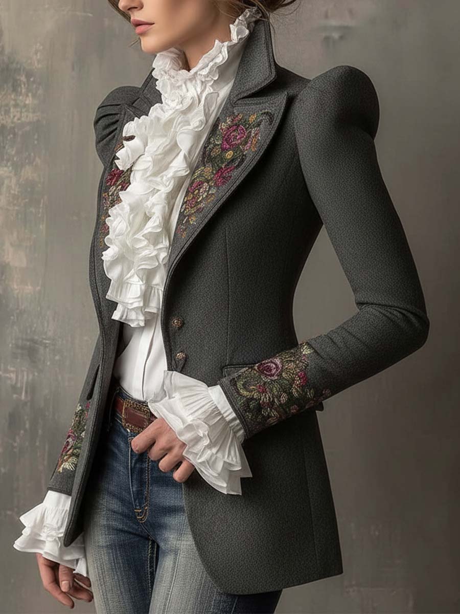 Vintage Wool-Blend Embroidered Tailored Blazer With Ruffled Cuffs
