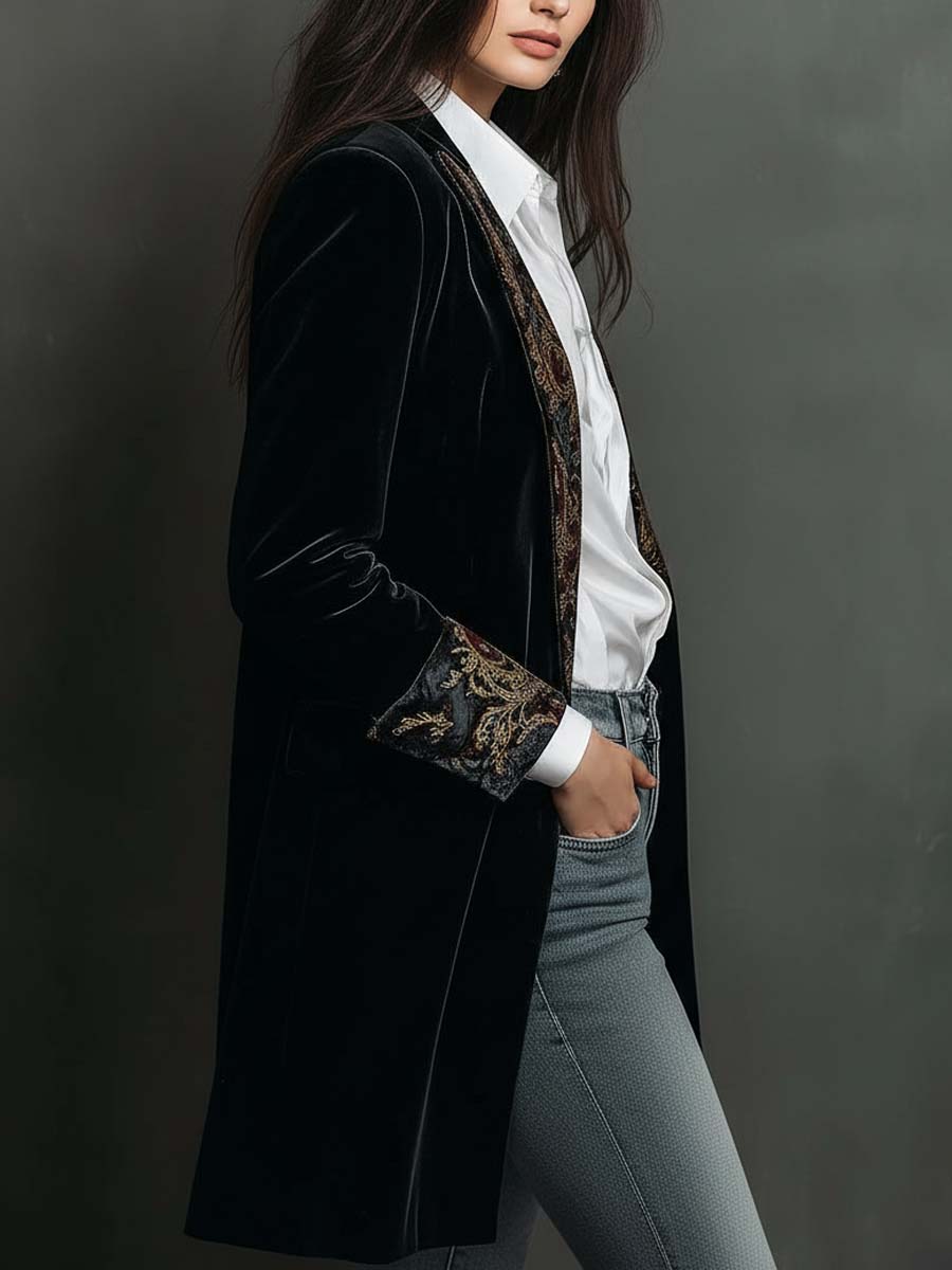 Black Velvet Blazer With Baroque Printed Lapel – Timeless Vintage Luxury