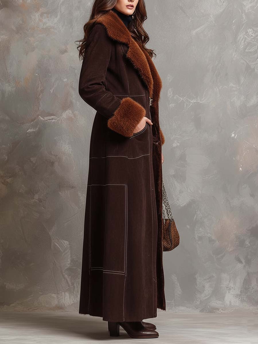 Chocolate Brown Faux Suede Long Coat With Fur Trim – Toscana Winter Luxury