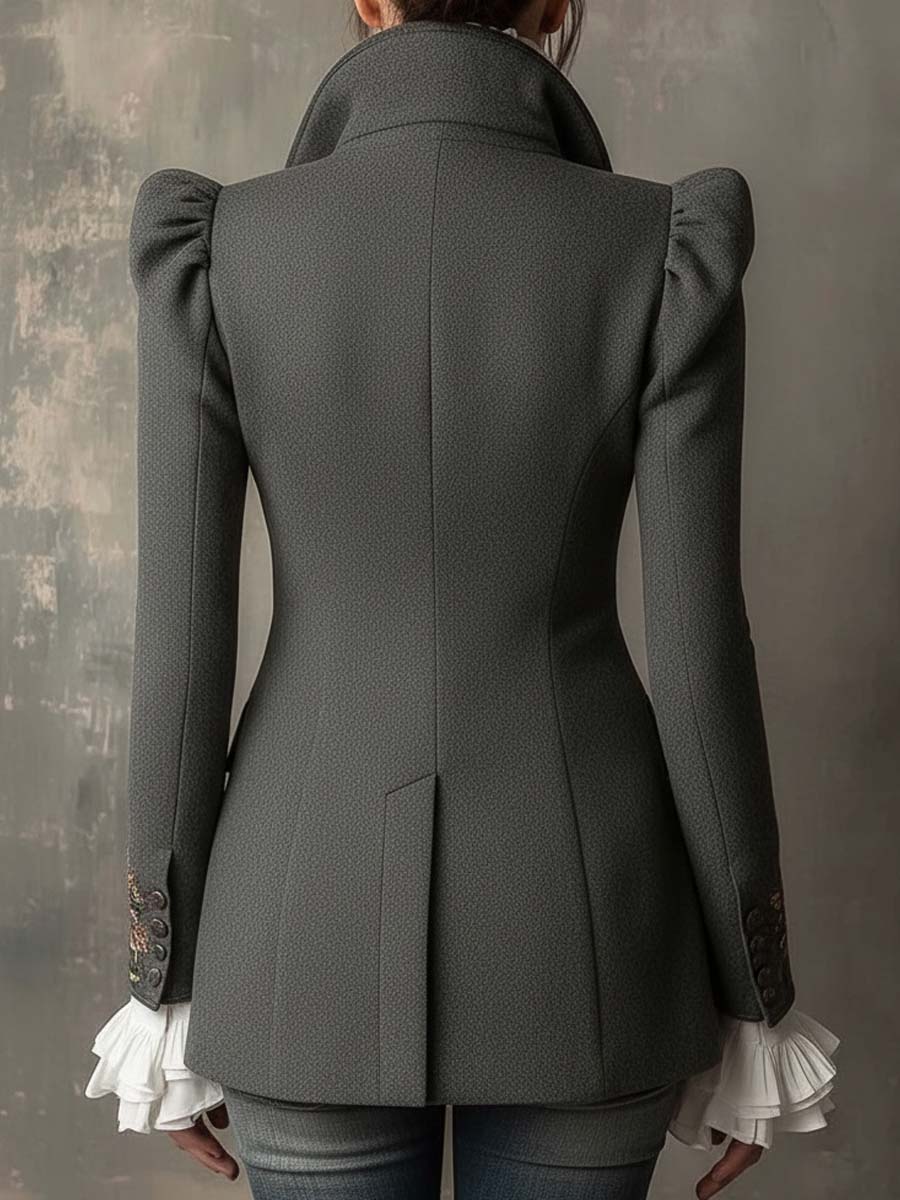 Vintage Wool-Blend Embroidered Tailored Blazer With Ruffled Cuffs