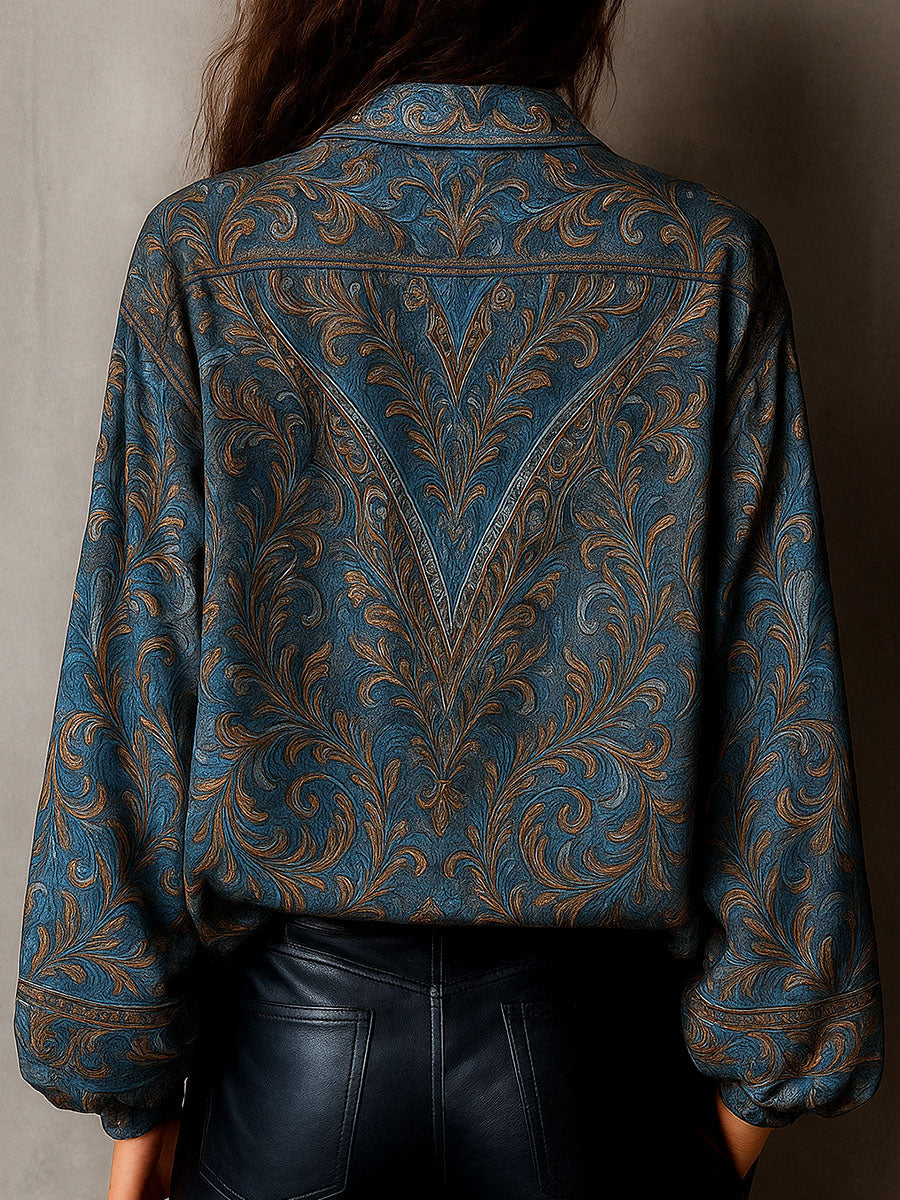 Retro Blue Bronze Baroque Paisley Print Loose Blouse