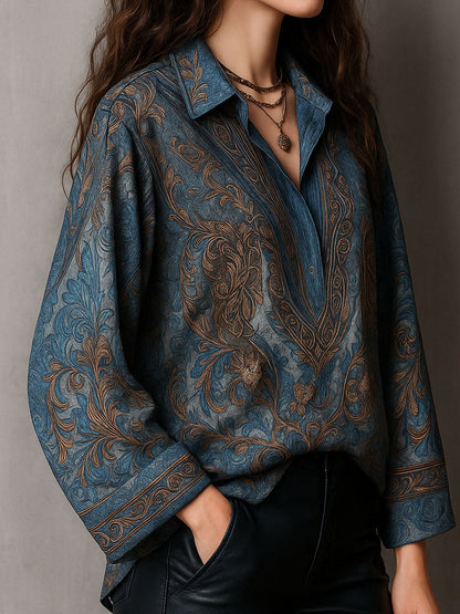 Retro Blue Bronze Baroque Paisley Print Loose Blouse