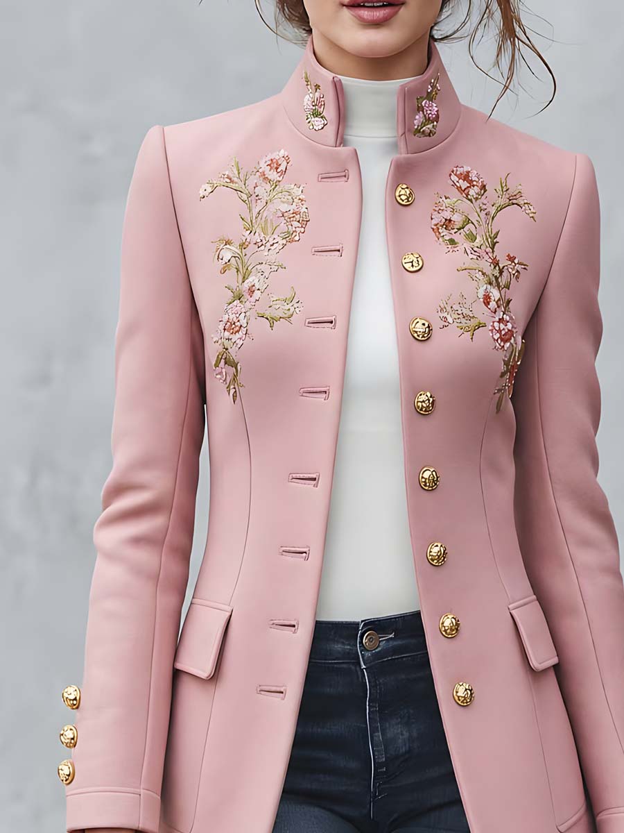 Vintage Metallic Thread Embroidery Wool-blend Mid-length Coat