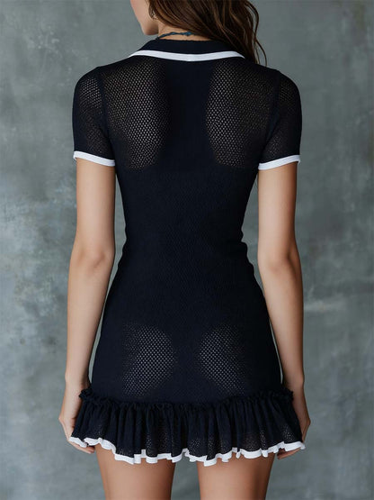 Bohemian Sheer Knit Polo Mini Dress