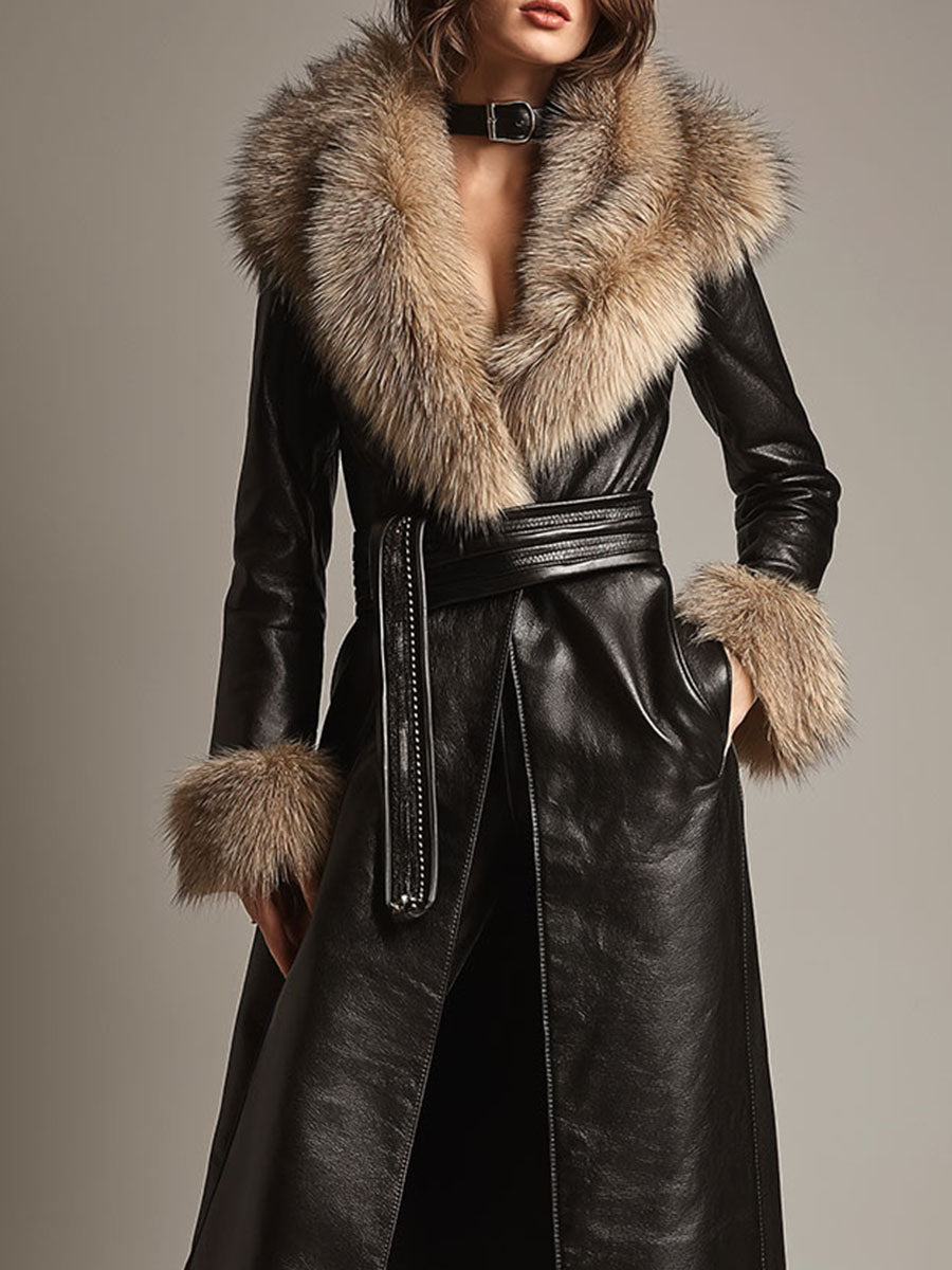 Vintage Black Long Eco Leather Trench Coat With Eco Trim