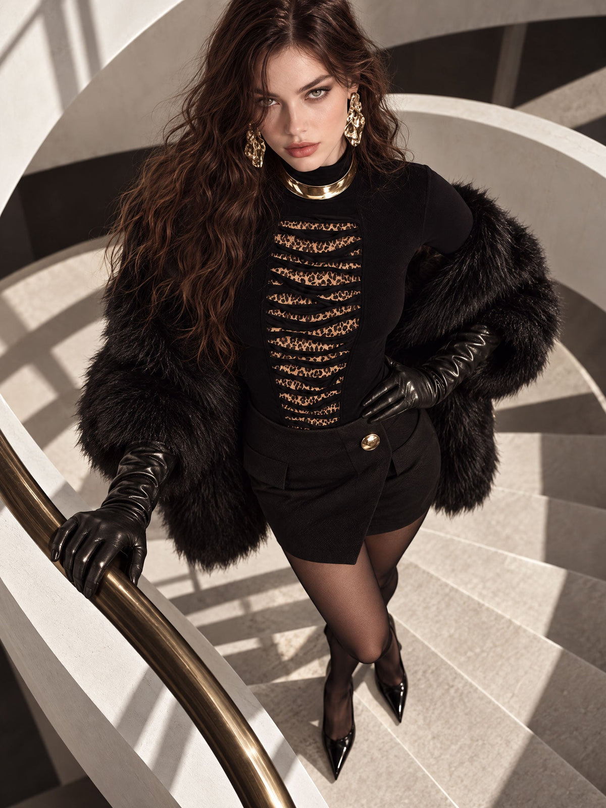 Stylish Black Cut-out Long Sleeve Turtleneck T-shirt with Leopard Print Front