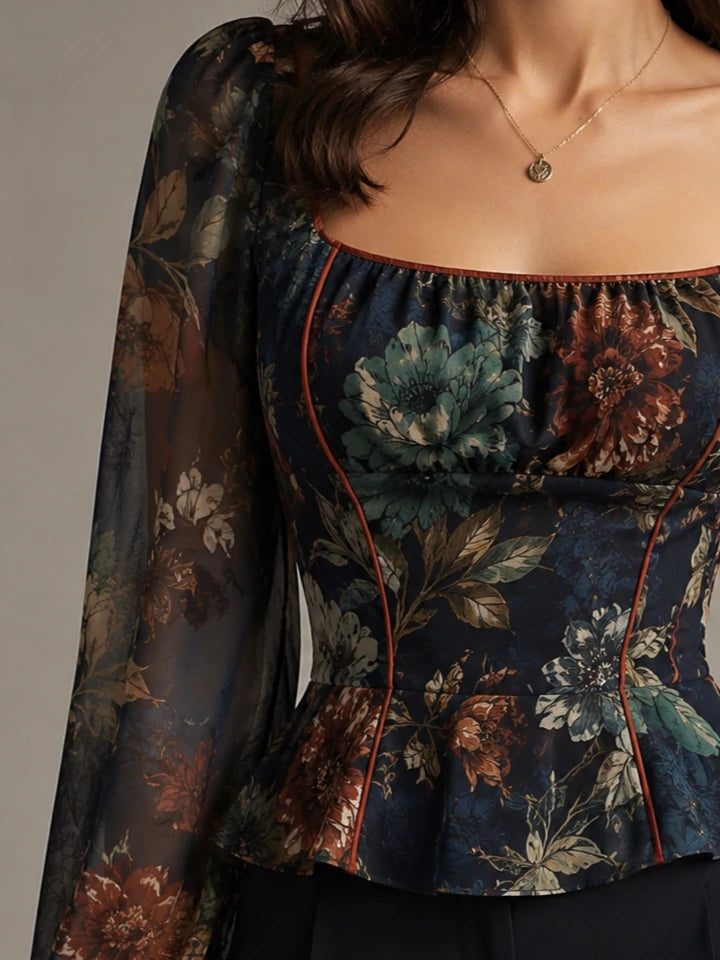 Midnight Floral Tapestry Square-Neck Peplum Blouse