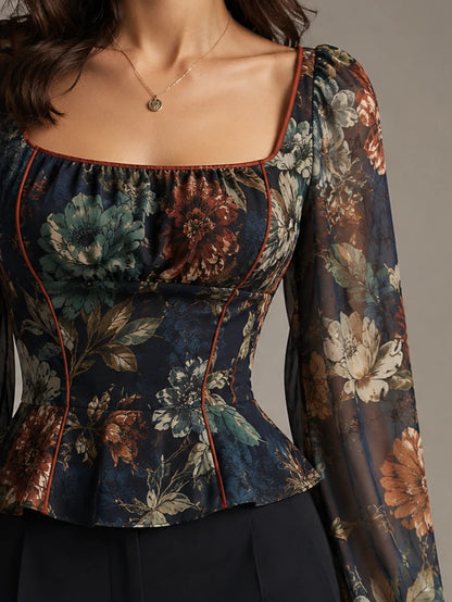 Midnight Floral Tapestry Square-Neck Peplum Blouse
