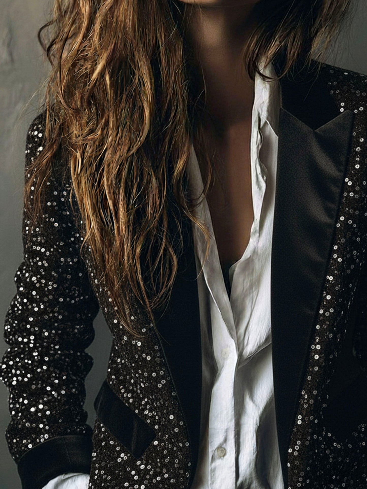 Chic Black Sparkling Sequin Velvet Tailored Blazer