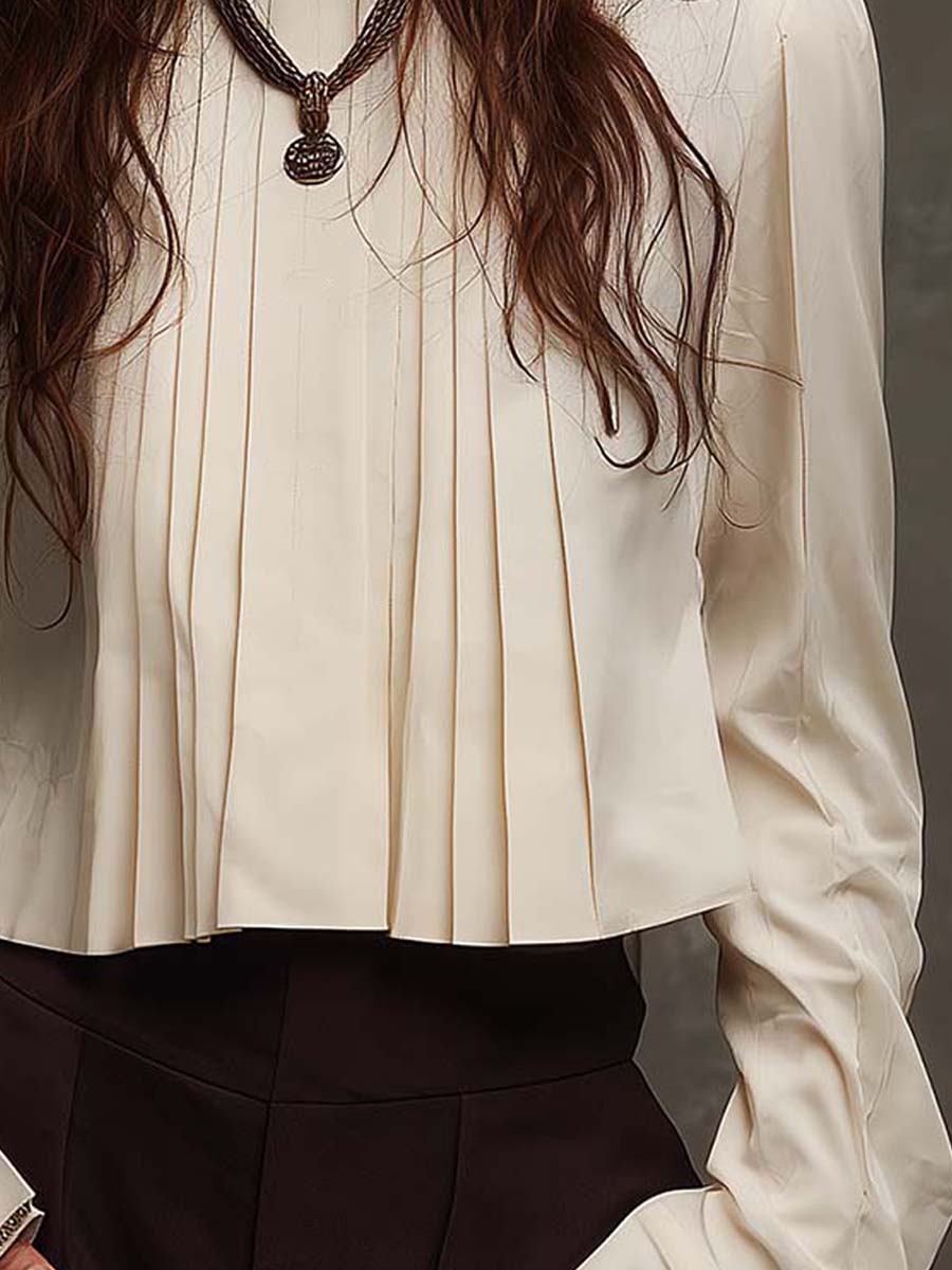 Pleated Front Blouse With Ribbon-Trimmed Collar And Cuffs