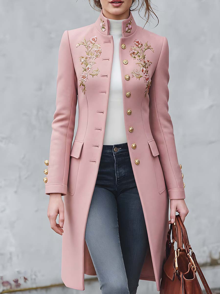 Vintage Metallic Thread Embroidery Wool-blend Mid-length Coat