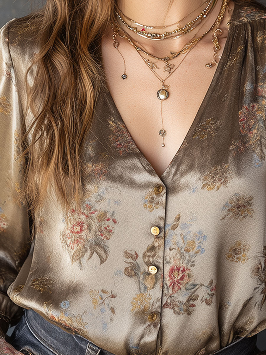 Vintage Satin Floral Print Lantern Sleeves Blouse