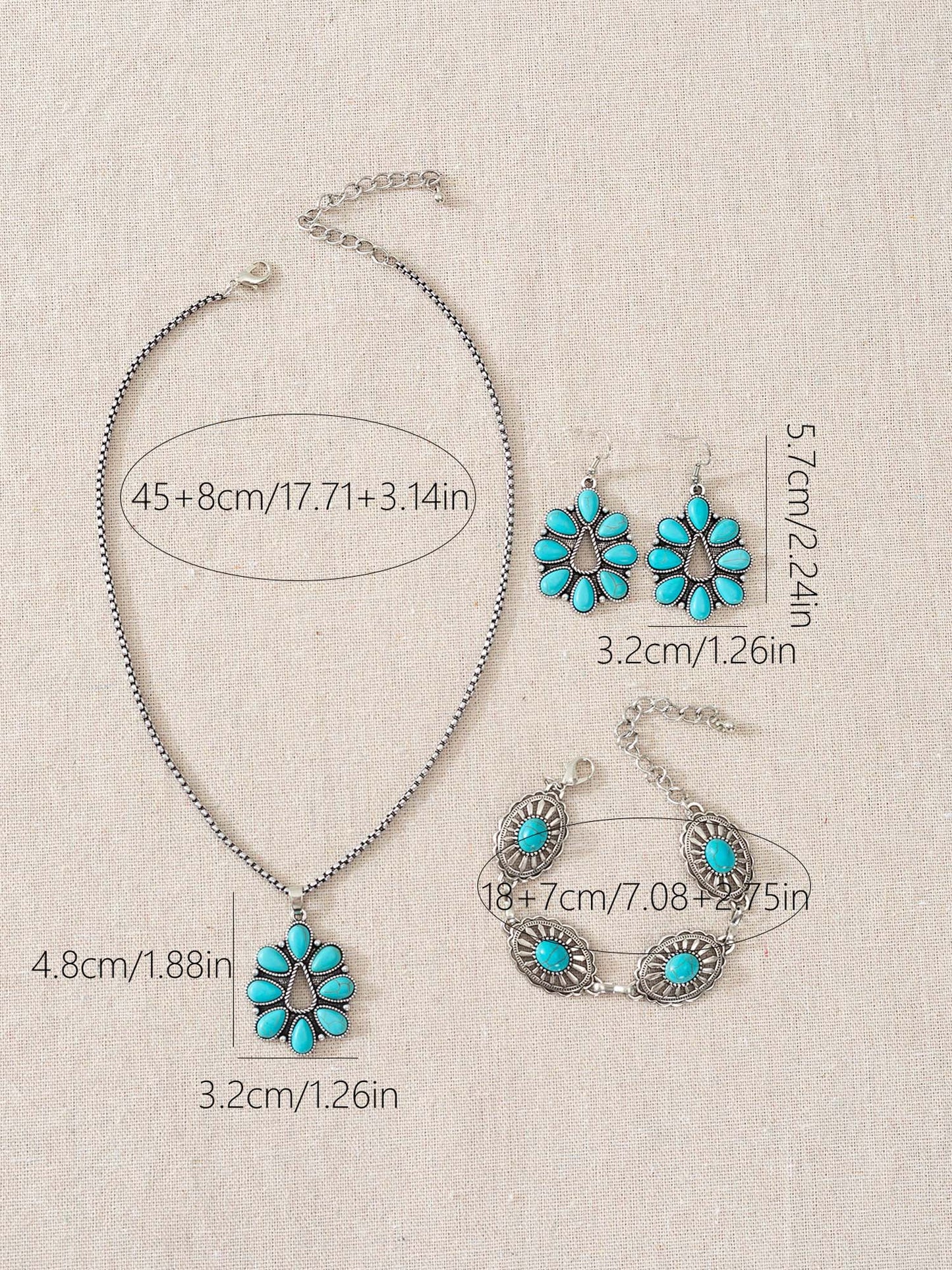 Vintage Western Turquoise Teardrop Necklace Earrings Bracelet Set