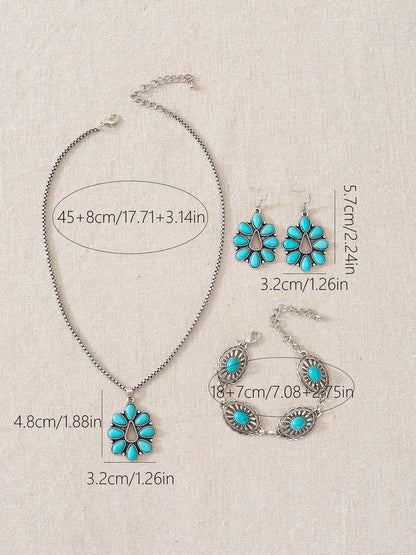 Vintage Western Turquoise Teardrop Necklace Earrings Bracelet Set
