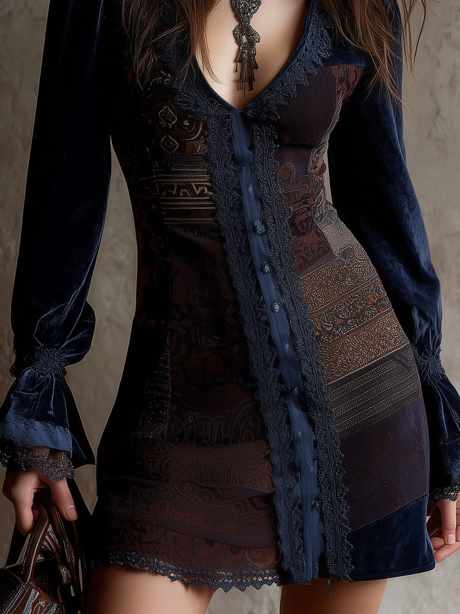 Retro V-neck Velvet Printed Lace Decoration Mini Dress