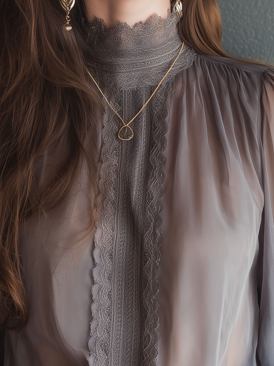 Elegant Chiffon Stand Collar Lace Splicing Blouse