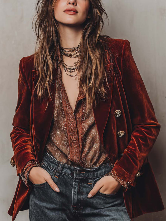 Retro Burnt Red Velvet Fitted Blazer