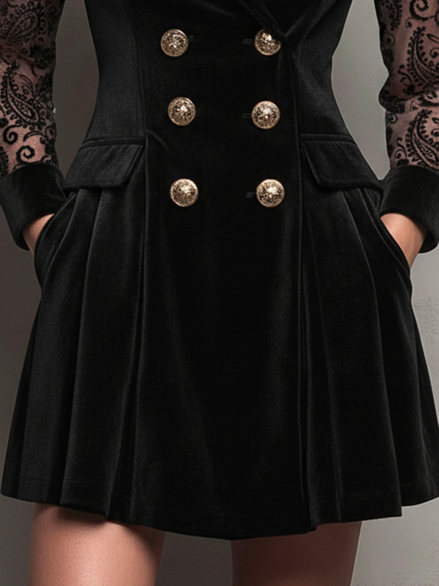 Chic Black Velvet Sheer Paisley Flocked Sleeve Mini Dress