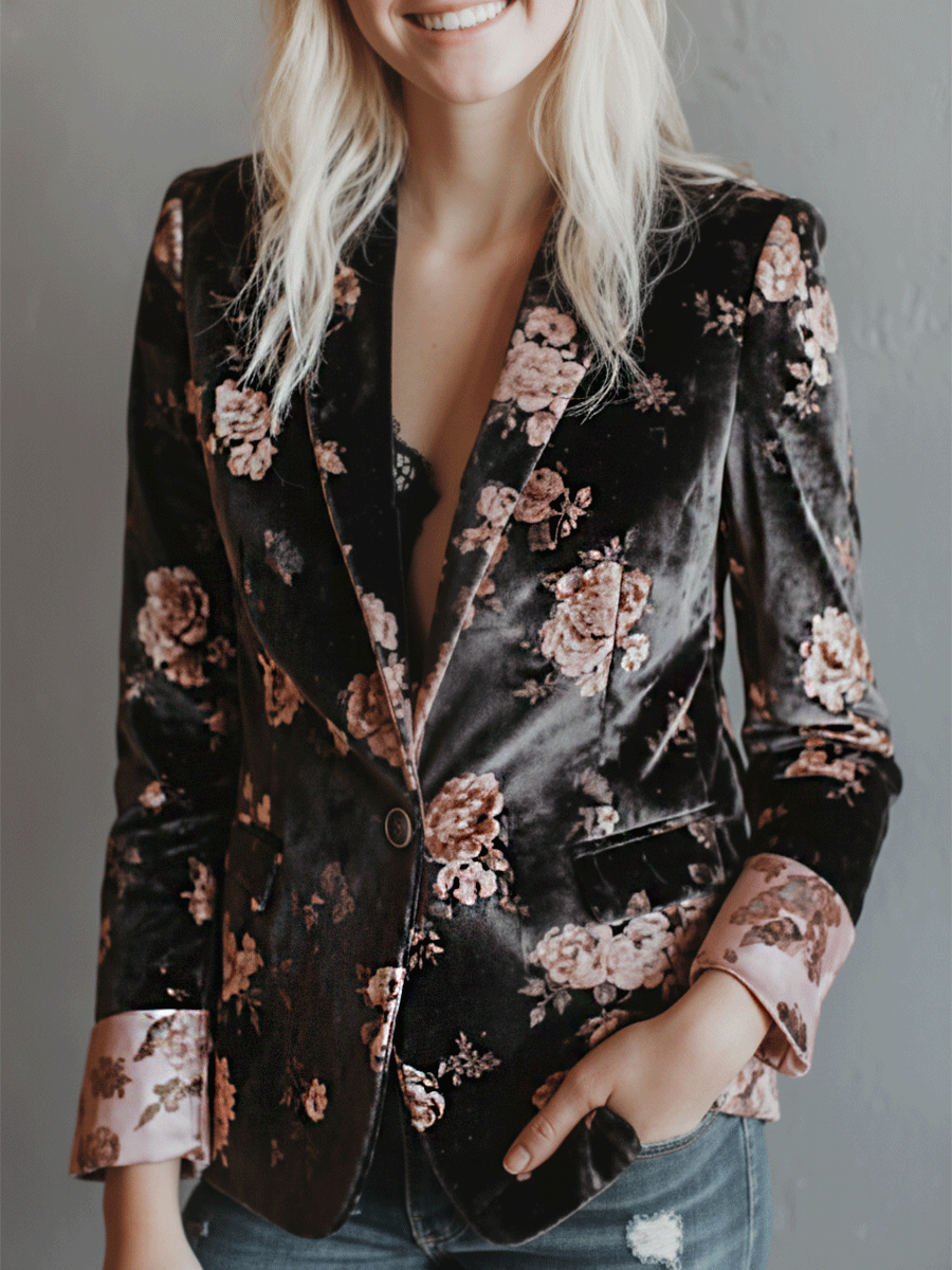 Romantic Retro Bohemian Style Velvet Rose Blazer