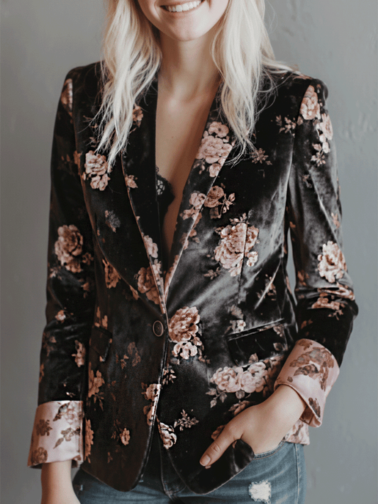 Romantic Retro Bohemian Style Velvet Rose Blazer