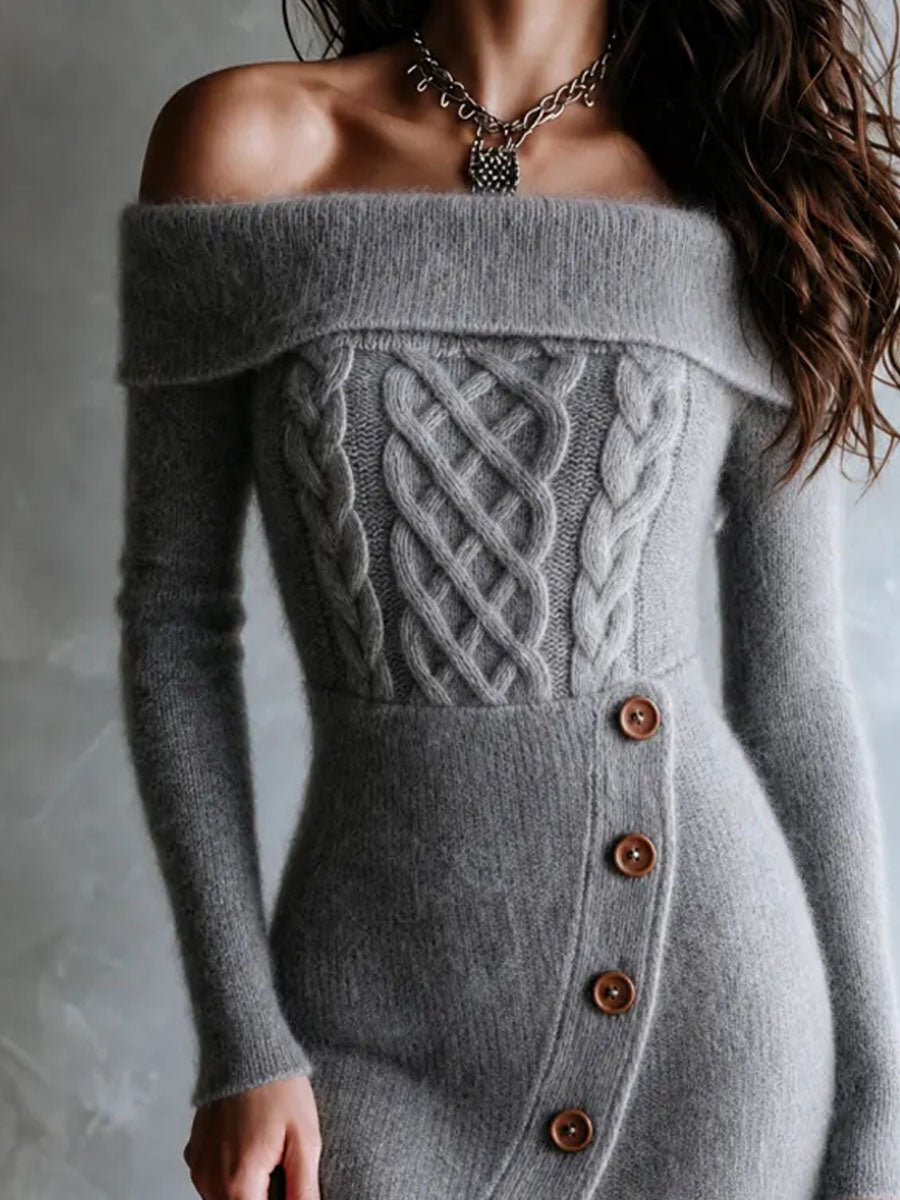 Boho Cable Bodice Knit Off‑Shoulder Side‑Slit Midi Dress
