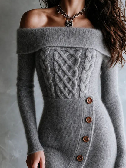 Boho Cable Bodice Knit Off‑Shoulder Side‑Slit Midi Dress