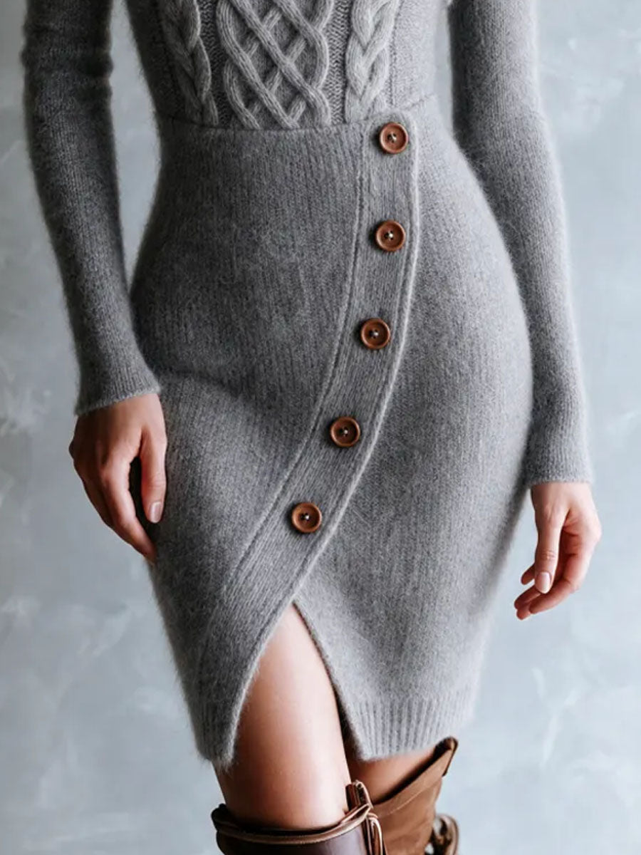 Boho Cable Bodice Knit Off‑Shoulder Side‑Slit Midi Dress