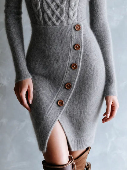 Boho Cable Bodice Knit Off‑Shoulder Side‑Slit Midi Dress