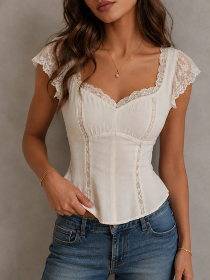 Ivory Lace-Trim Corset Peplum Top