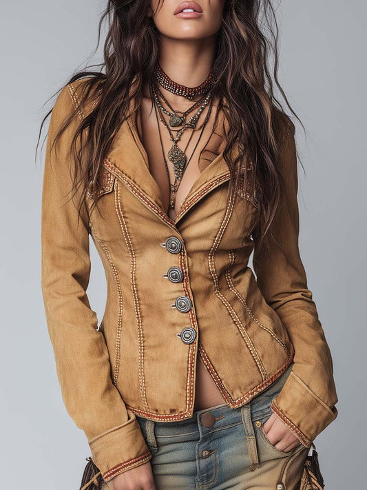 Slim-fit Vintage-style Washed Khaki Denim Jacket