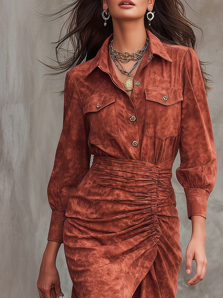 Vintage Pleated Waist Polyester Suede Mini Dress