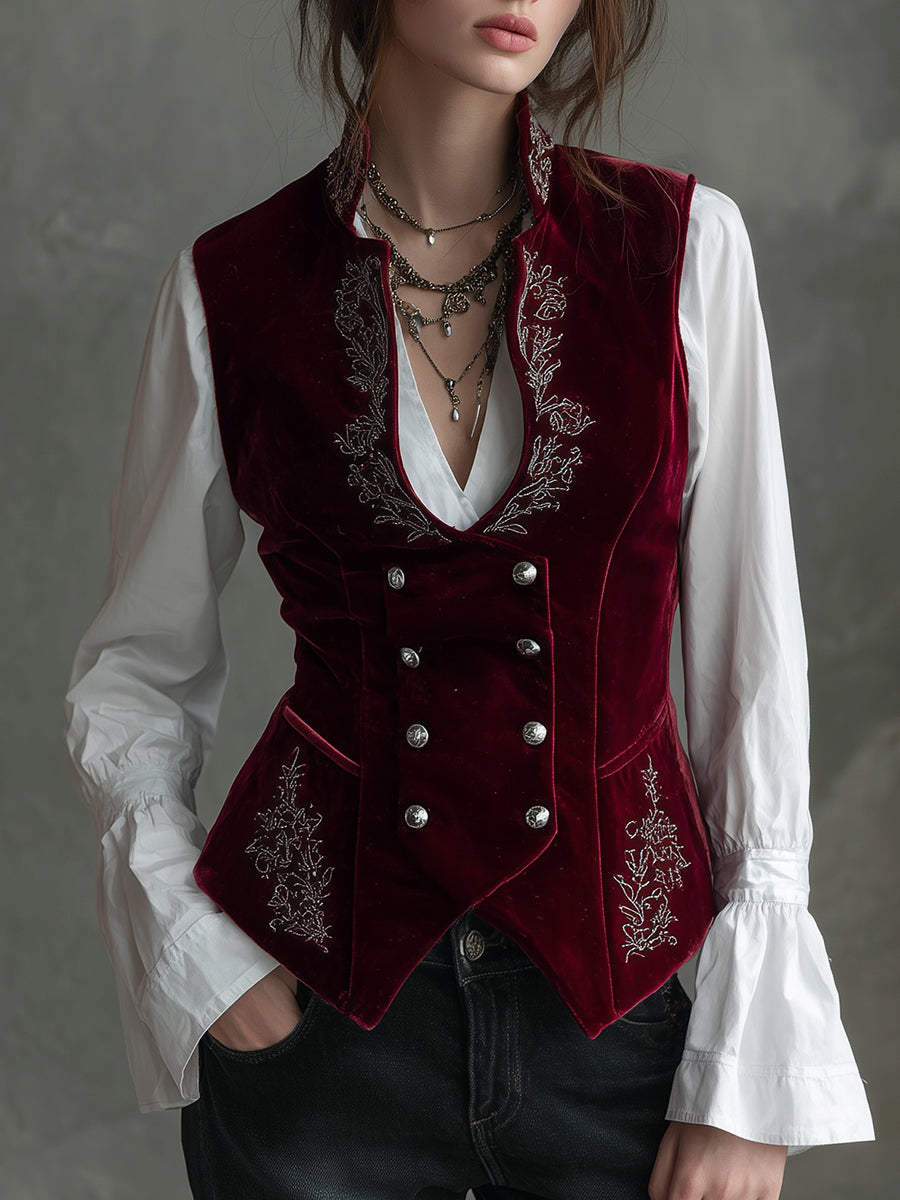 Elegant Stand-collar Double-breasted Polyester Velvet Embroidered Vest
