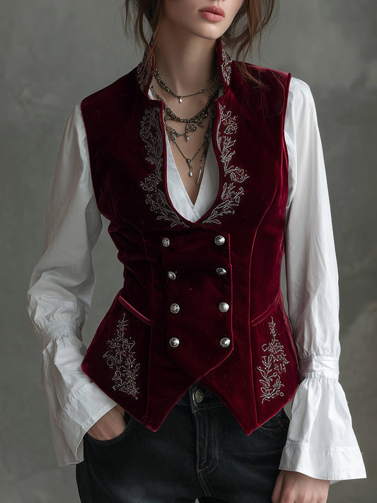Elegant Stand-collar Double-breasted Polyester Velvet Embroidered Vest