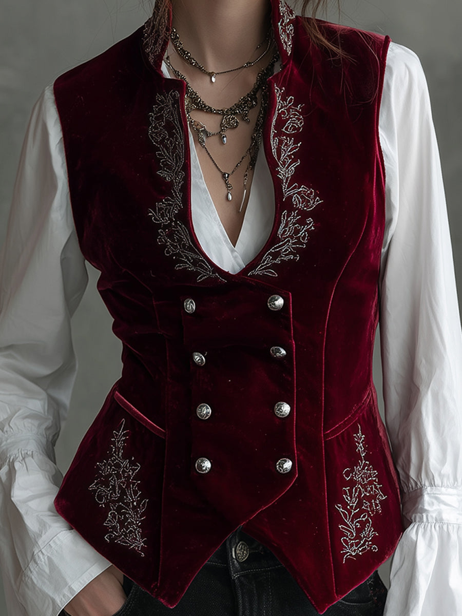 Elegant Stand-collar Double-breasted Polyester Velvet Embroidered Vest